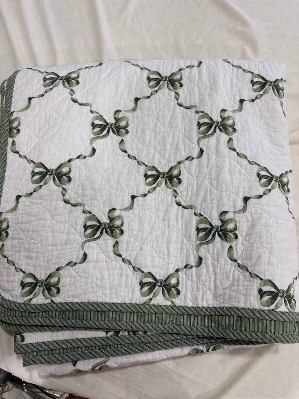Reversible! Laura Ashley Classic Green Ribbon Quilt - White & Green Home Bedding